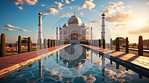 Amazing view on the Taj Mahal in sunset light with reflection in water. The Taj Mahal is an white marble mausoleum at India