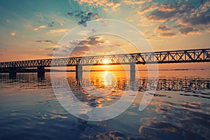 Amazing view to bridge across the Dnieper river, Cherkasy, Ukraine at sunset