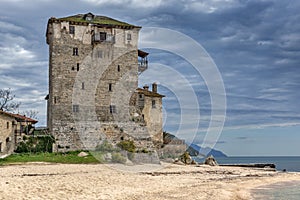 Amazing view to Medieval tower in Ouranopoli, Athos, Chalkidiki, Greece