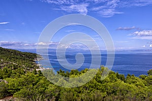 Amazing view from the top of a mountain down to the sea in Chalkidiki, Greece