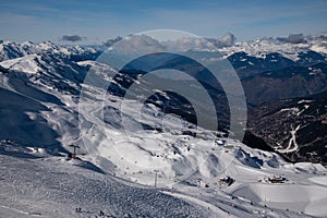 Amazing view from the top of the slopes to the Courchevel ski resort.