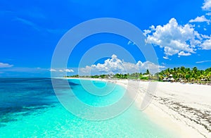 Amazing view of a tropical white sand beach and tranquil turquoise ocean at Cayo Coco island, Cuba