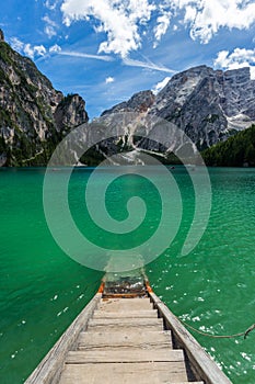 amazing view of turquoise Lago di Braies Lake or Pragser Wildsee in Dolomite, Italy