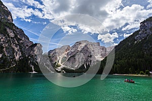 Turquoise Lago di Braies Lake or Pragser Wildsee in Dolomite mountains , Italy photo