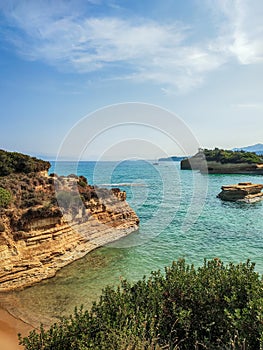 Amazing view of the unique sandy cliffs in the Ionian Sea on Sidari beach, Corfu island, Greece, Europe. Canal d Amour