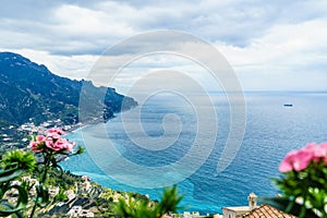 Amazing view from Villa Rufolo, Ravello town, Amalfi coast, in t