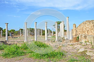 Amazing view of well preserved ruins of ancient Greek city Salamis in Northern Cyprus. The Corinthian columns were part of Salamis