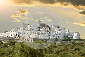 Amazing view of the white city: Ostuni, Puglia, Italy. On the top of a hill, the historic center, characterized by its white color