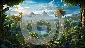 Amazing view of a wide unknown Jungle from an exotic World with trees like palm some blue plant and flowers quiet river and