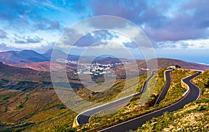 Amazing view of winding highway in the mountains Lanzarote. Location: Lanzarote, Canary Islands, Spain. Artistic picture. Beauty