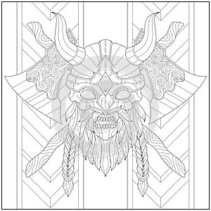 Amazing Viking chieftain skull with beard and axe. Learning and education coloring page illustration for adults and children. Outl