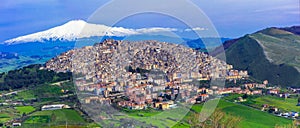 Amazing village Gangi with Etna volcano behind in Sicily, Italy