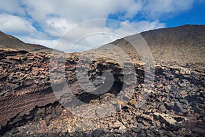 Amazing volcanic landscape and lava desert in Timanfaya national park, Lanzarote, canary islands, Spain.