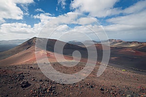 Amazing volcanic landscape and lava desert in Timanfaya national park, Lanzarote, canary islands, Spain.