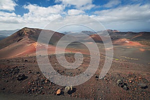 Amazing volcanic landscape and lava desert in Timanfaya national park, Lanzarote, canary islands, Spain.