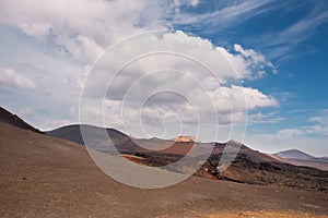 Amazing volcanic landscape and lava desert in Timanfaya national park, Lanzarote, canary islands, Spain.