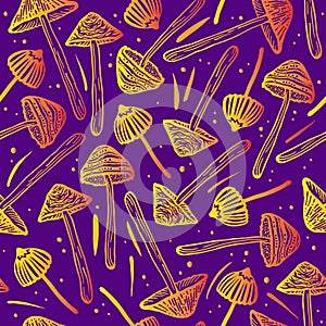 Amazing wallpapers of hallucinogenic mushrooms. Seamless vector pattern of yellow psilocybin mushrooms. Wrapping paper from yellow