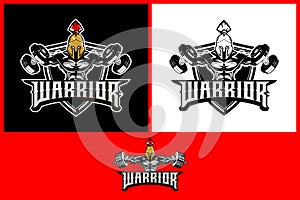 Amazing warrior viking with shield and axe vector logo badge template