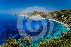 Amazing water colors of Petani beach, Kefalonia, Greece Ionian islands. Summer adventure vacation holiday luxury travel romantic photo