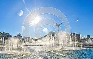 Amazing water fountains in the Downtown of Bucharest City in the Union`s Square or Piata unirii