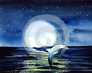 Amazing watercolor landscape of night starry sky with huge full moon above deep calm sea and graceful dolphin jumping out of dark