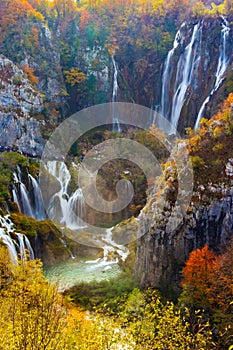 Amazing waterfall and autumn colors in Plitvice Lakes