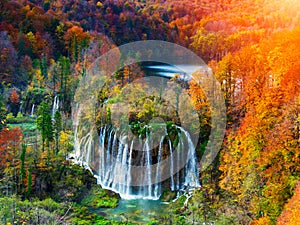 Amazing waterfall and autumn colors in Plitvice Lakes photo