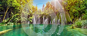 Amazing waterfall panorama in Plitvice Lakes National Park, Cro photo