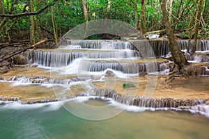 Amazing waterfall in tropical forest of national park, Huay Mae Khamin waterfall, Kanchanaburi Province, Thailand