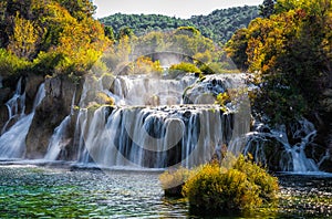 Amazing waterfalls Krka National Park in Croatia, beautiful Skradinski Buk Waterfall in Krka National Park. Travel attraction in