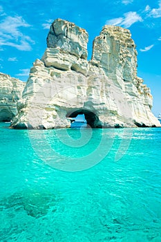 Amazing white cliffs and crystal clear water in Kleftiko Bay, Milos Island,  Greece