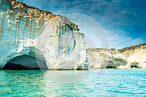 Amazing white cliffs and crystal clear water in Kleftiko Bay, Milos Island,  Greece