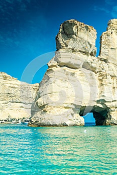 Amazing white cliffs and crystal clear water in Kleftiko Bay, Milos Island,  Greece