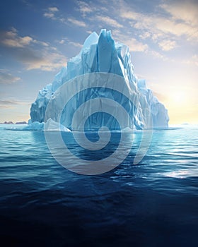 Amazing white iceberg floats in the ocean with a view underwater. Hidden Danger and Global Warming Concept. Tip of the