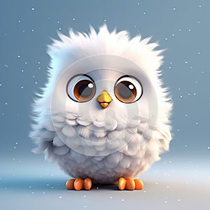 Amazing white owl. Cute little cartoon chik bird with big eyes. Fairy tale characterisolated over blue. Created with generative Ai