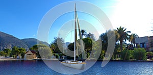 Amazing white sailing yacht on the roadstead in the bay. Complete calm. Palm trees and houses in the background.