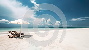 Amazing White Sand Beach Panorama Landscape With Longer Chairs And Umbrella As Travel Tourism Concept - Generative AI