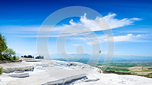 Amazing white travertine terrace formations in Pamukkale, Denizli Province, southwestern Turkey