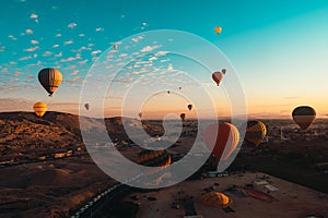 Amazing wide view of many balloons during takeoff in luxor egypt. Early morning hours as hot air balloons fill the sky