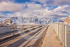Amazing winter daytime landscape. Automobile bridge, highway E10, connecting Lofoten islands, Norway