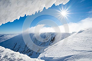 Amazing winter landscape in Giant mountains with view on sniezne kotly valley