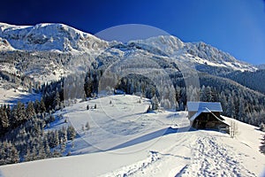 Amazing winter landscape in the mountains with old wood cottage