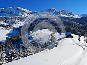 Amazing winter landscape in the mountains with old wood cottage