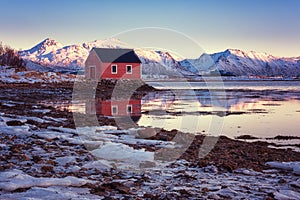 Amazing winter landscape with red rorbu, traditional scandinavian fishing house, snowy mountains in sunset light and blue sky