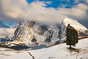 Amazing winter landscape with snow at Alpe di Siusi, Dolomites,Italy