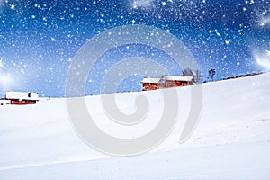 amazing winter landscape with snow at sunrise in Alpe di Siusi. Dolomites  Italy - winter holidays destination