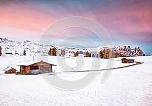 amazing winter landscape with snow at sunrise in Alpe di Siusi. Dolomites  Italy - winter holidays destination