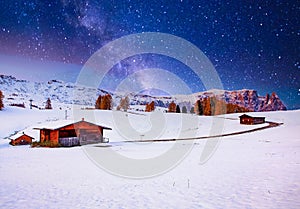 amazing winter landscape with snow at sunrise in Alpe di Siusi. Dolomites  Italy - winter holidays destination