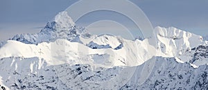 Amazing Winter Panorama with the snow covered Mountains Hochvogel, Hofats, Krottenkopf in Allgau Alps, Bavaria, Germany.