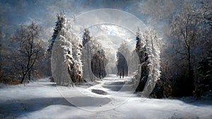 Amazing winter scenery. Landscape with magical winter frosty forest. Path in the forest.